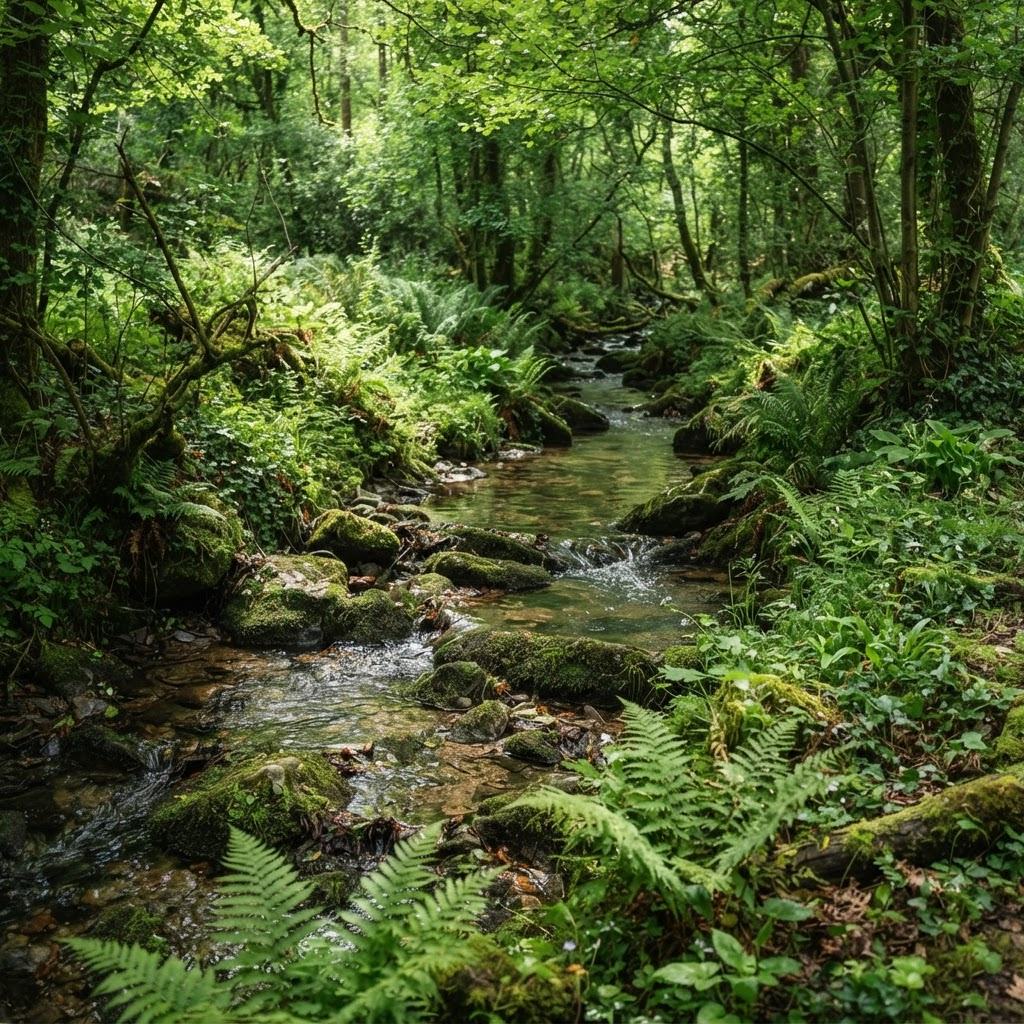 Bachlauf mit Farnen im Waldgarten
