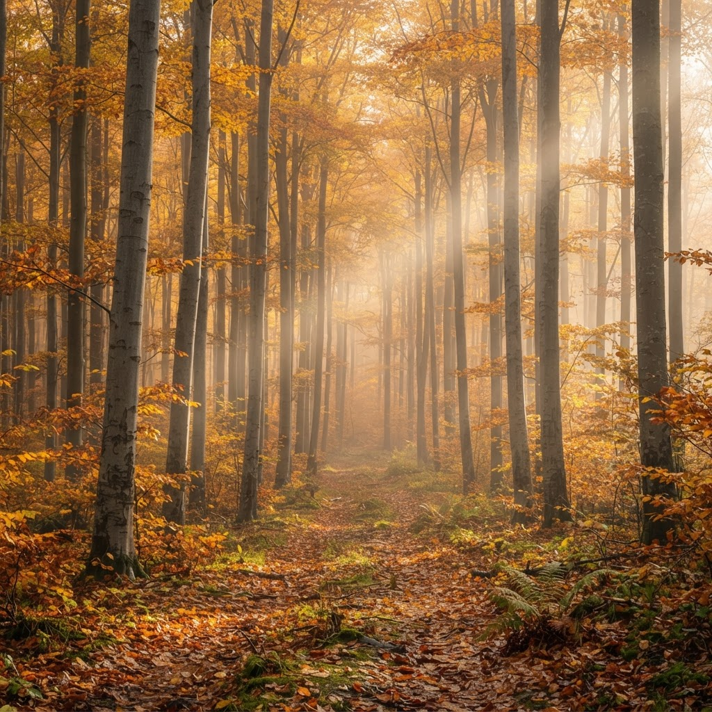 Goldener Herbstwald im Morgennebel