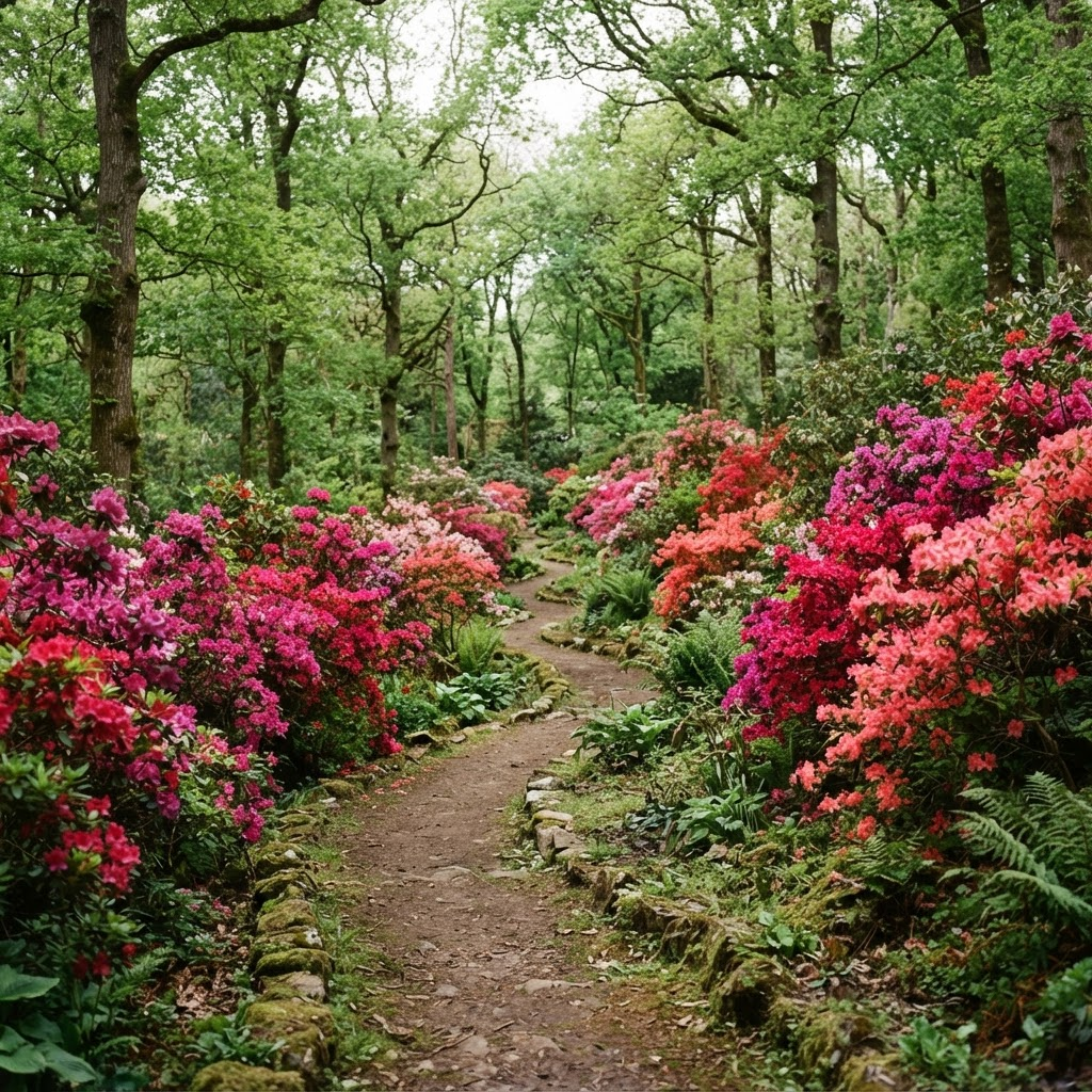 Blühende Rhododendren am Waldweg