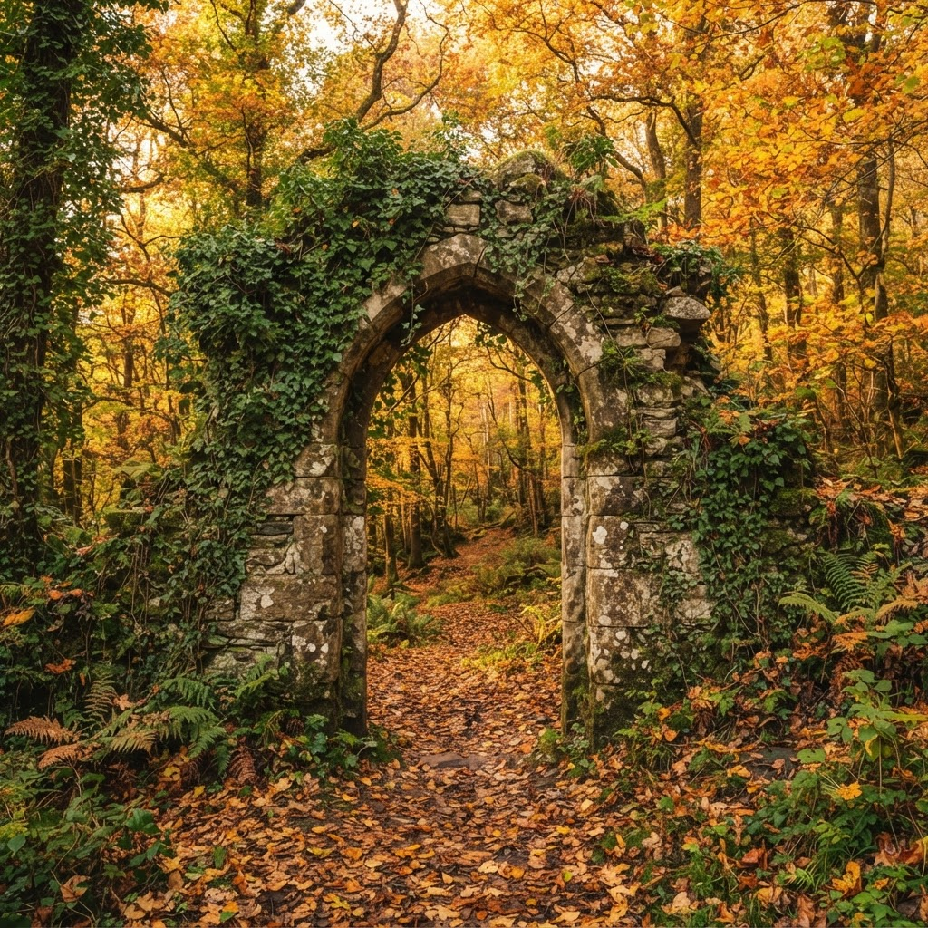 Efeubewachsene Steinruine im Herbst